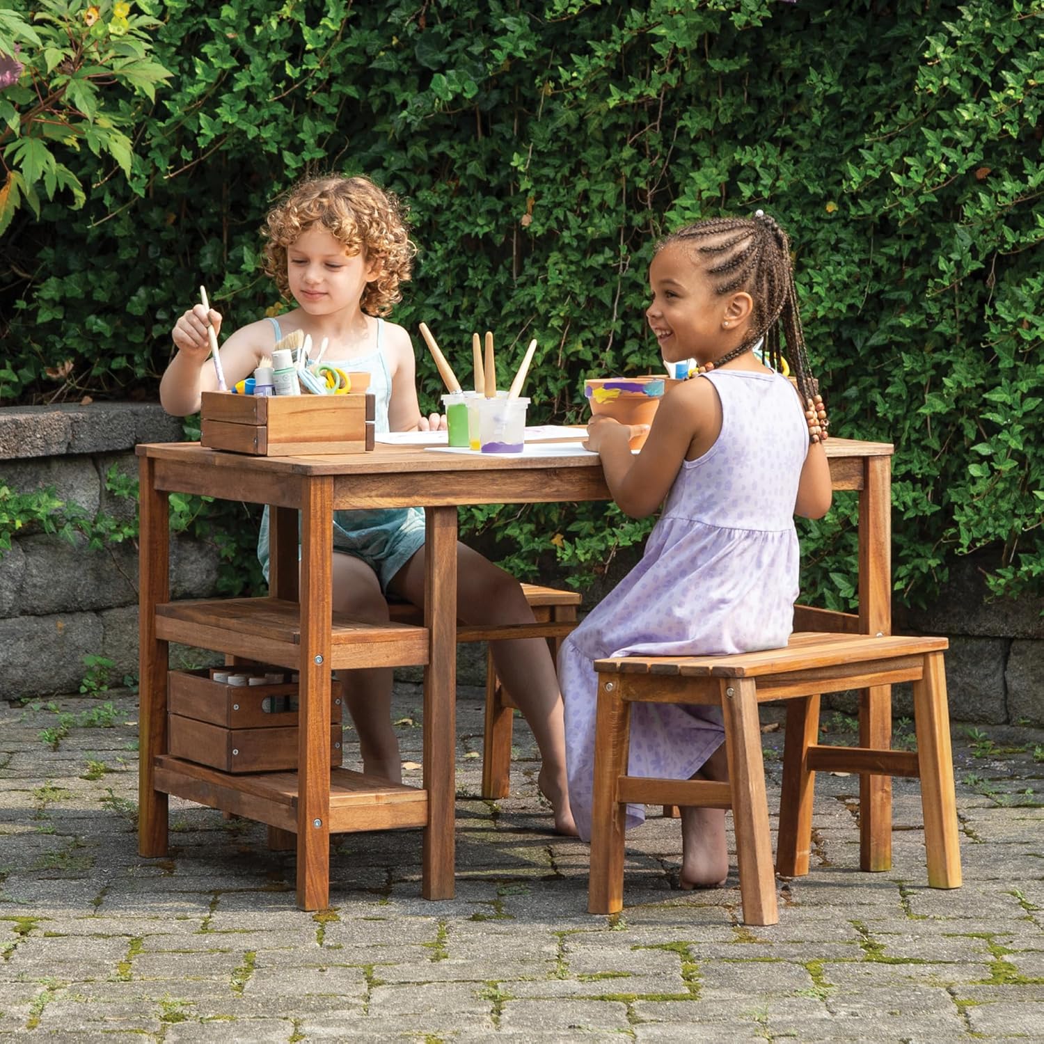 Kids Outdoor Bench Table - Kinder-Outdoor-Basteltisch und 2-Bank-Set: Aktivitätstisch aus Akazienholz