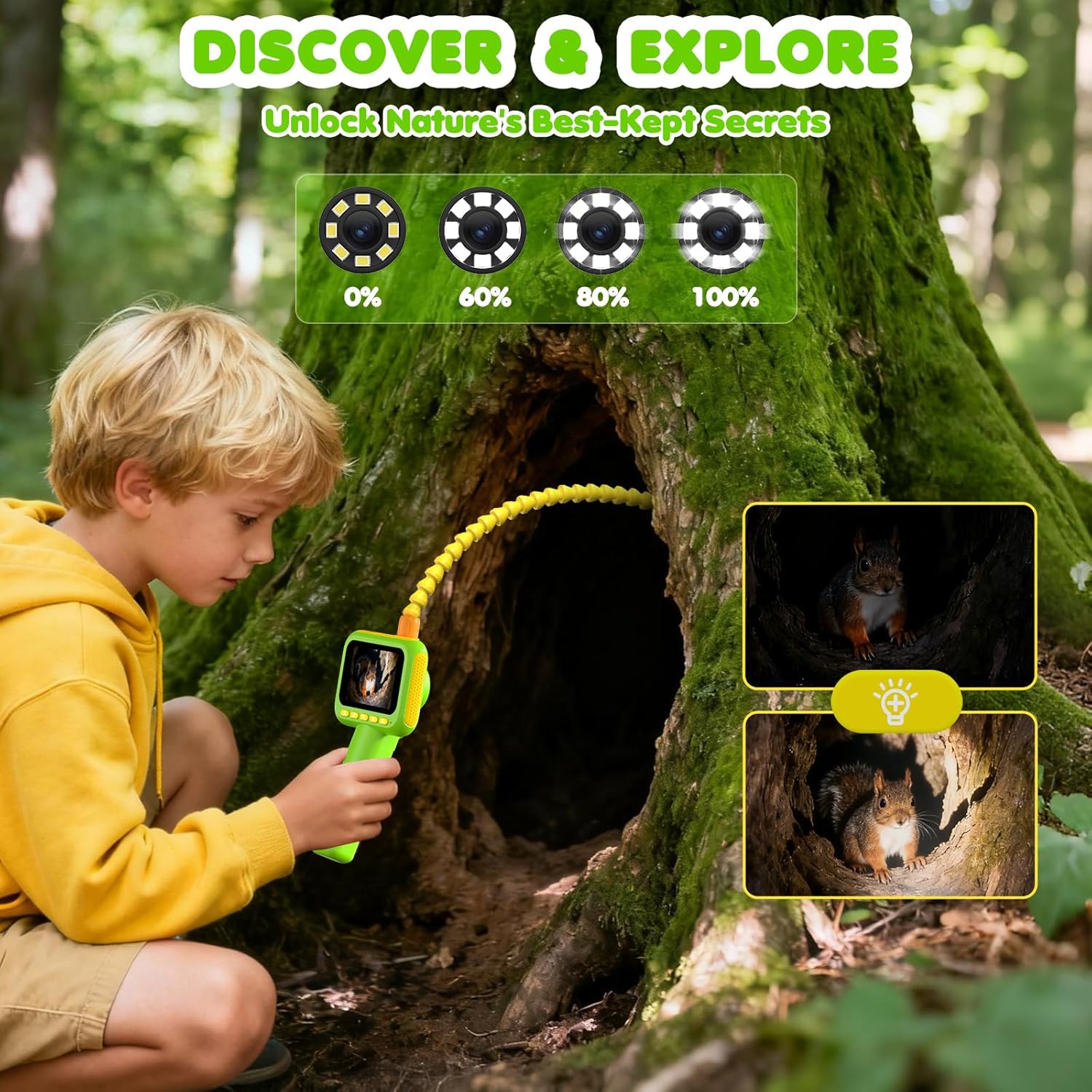 Kids Outdoor Education - Endoskop für Kinder, Boreskop-Schlangenkamera-Spielzeug mit Beleuchtung,