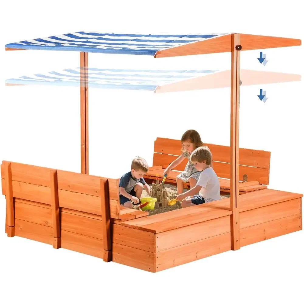 Kids Outdoor Bench Table - Kinder-Holz-Sandkasten für den Außenbereich mit Abdeckung,
